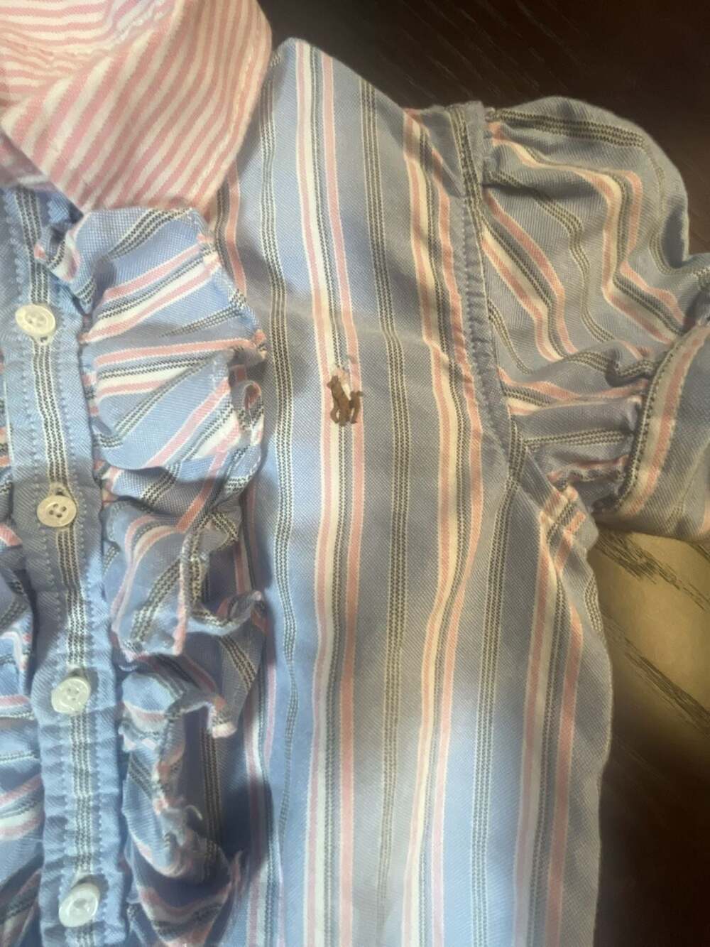 Ralph Lauren Girls Blue and Pink Striped Ruffled Cotton Shirtdress, Size 6 - Picture 4 of 11